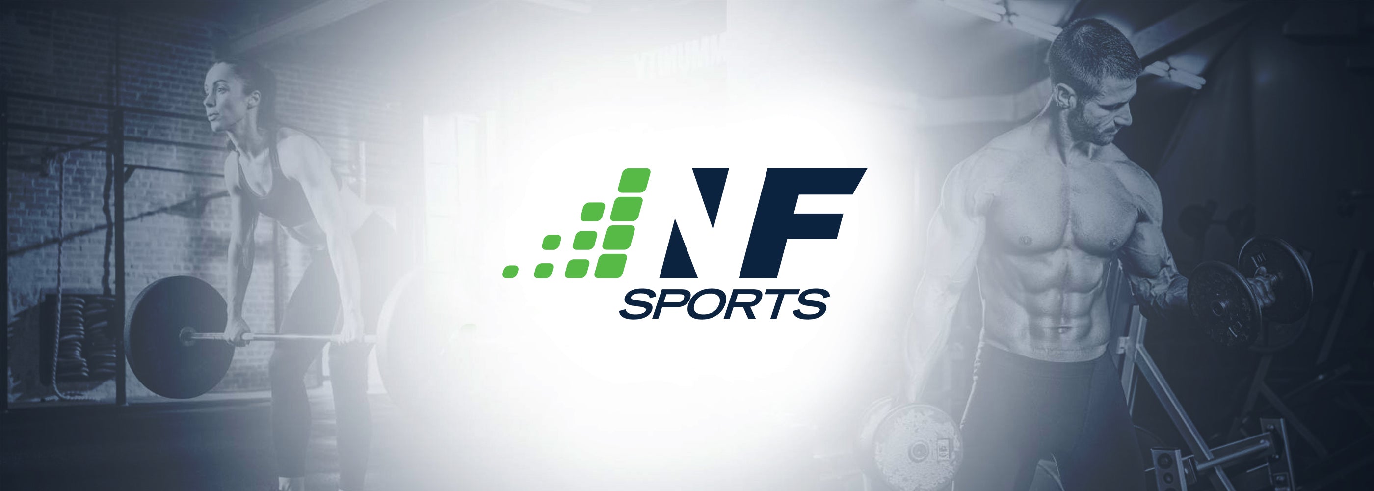 Female muscle body lifting barbells left, male lifting barbells right, NF Sports logo center