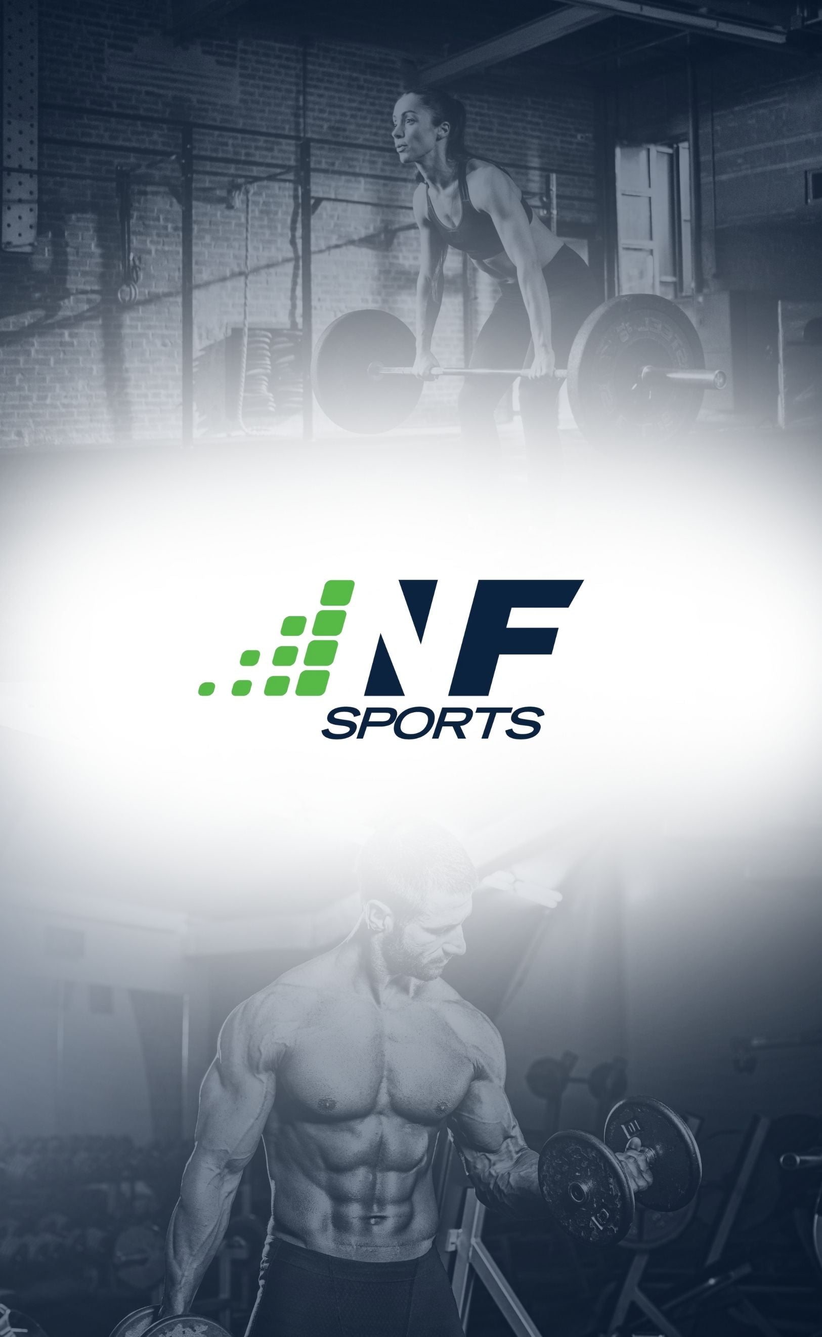 Male and female workout with barbell, NF Sports logo in center