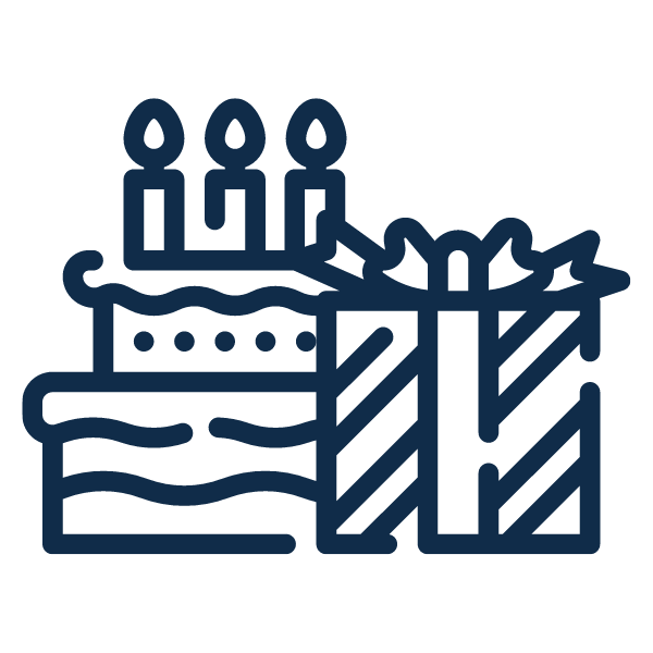 Blue icon of birthday cake with three candles and a gift