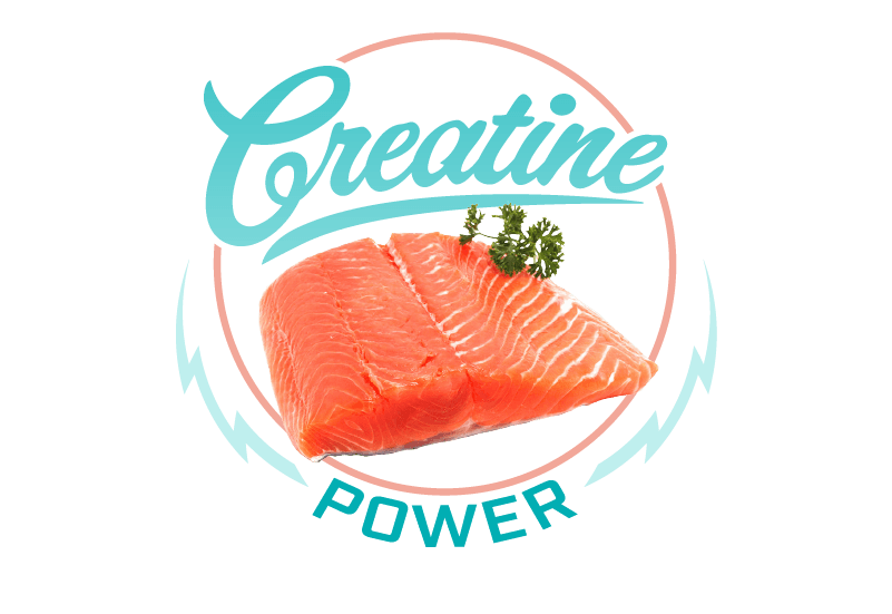 Creatine graphic with salmon fillet and word power symbolizing max ATP ingredients