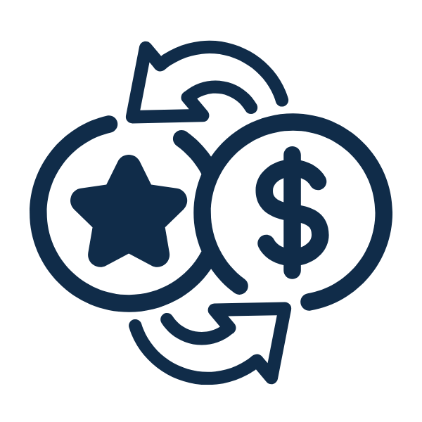 Blue icon of star coin and dollar coin exchanging for reward points