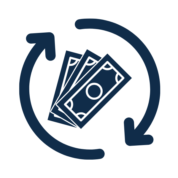 Circular arrows around three money bills symbolizing money back guarantee
