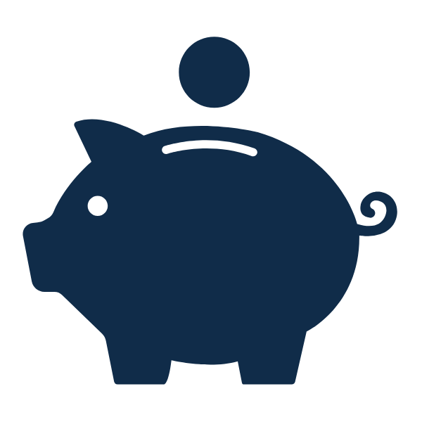 Blue coin above a blue piggy bank icon showing money saving concept