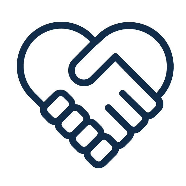 Blue icon of two hands shaking forming a heart symbolizing referral program