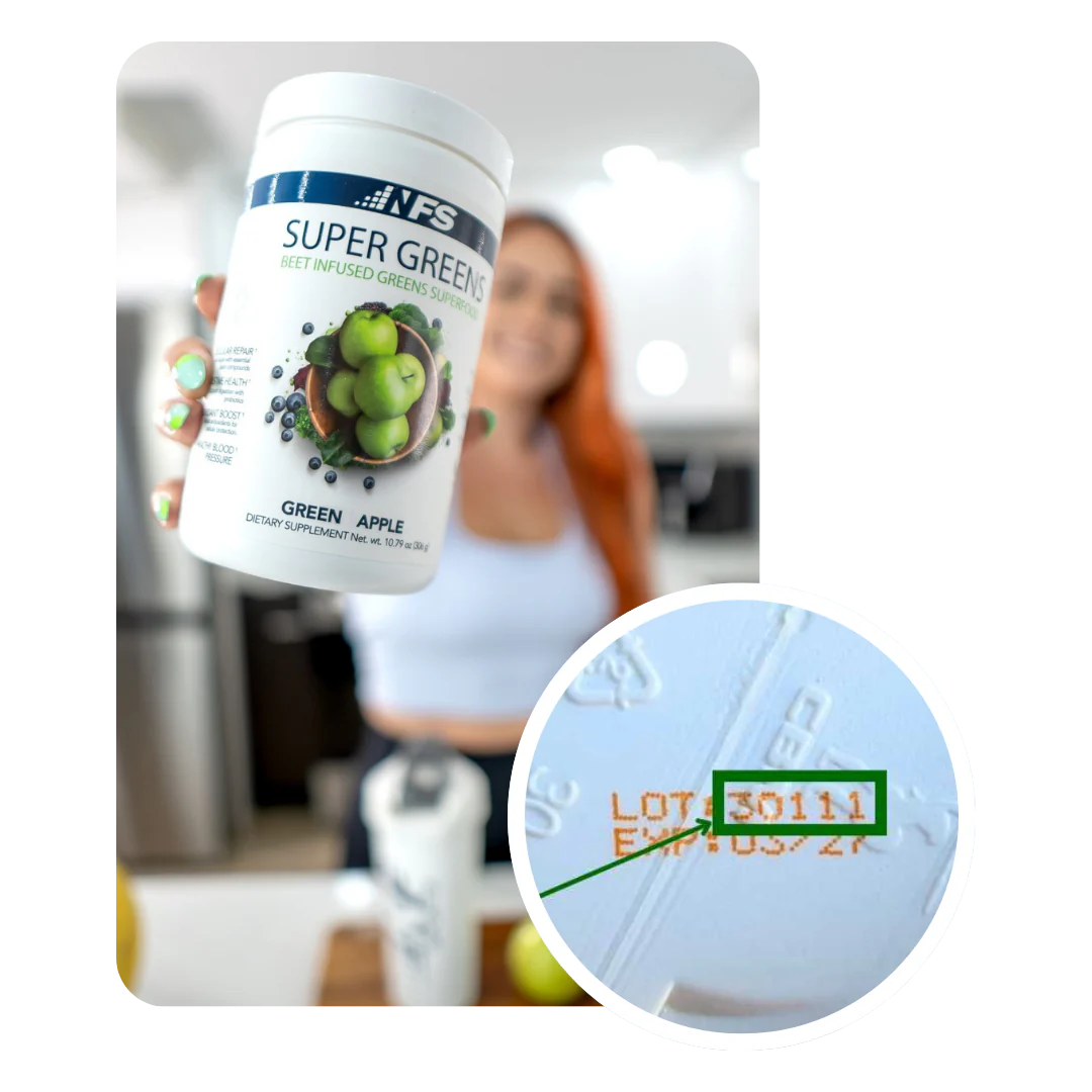 Woman holding NF Sports Super Greens pills highlighting True Label certification